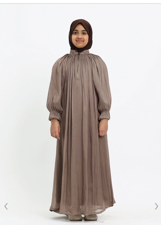 Girls Shimmer Organza Umbrella Abaya in Taupe