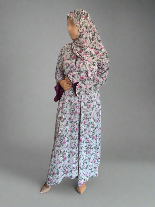 Floral Print Chiffon Abaya in Pink Blossom