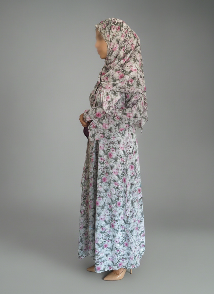 Floral Print Chiffon Abaya in Pink Blossom