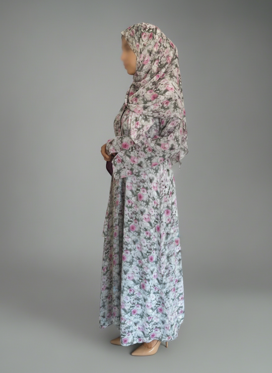 Floral Print Chiffon Abaya in Pink Blossom