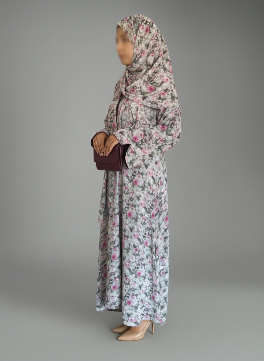 Floral Print Chiffon Abaya in Pink Blossom