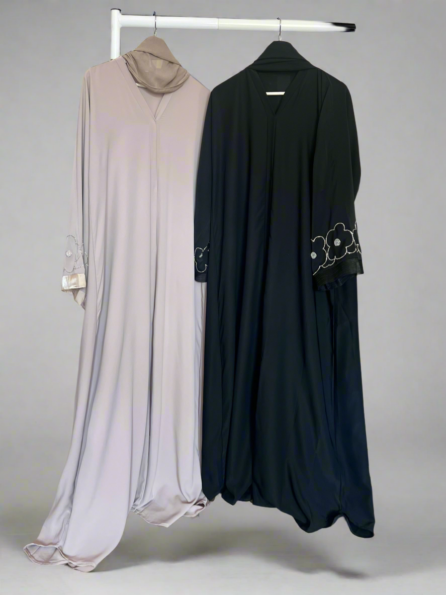 Beaded Flower Nida Abaya with front buttons in Black