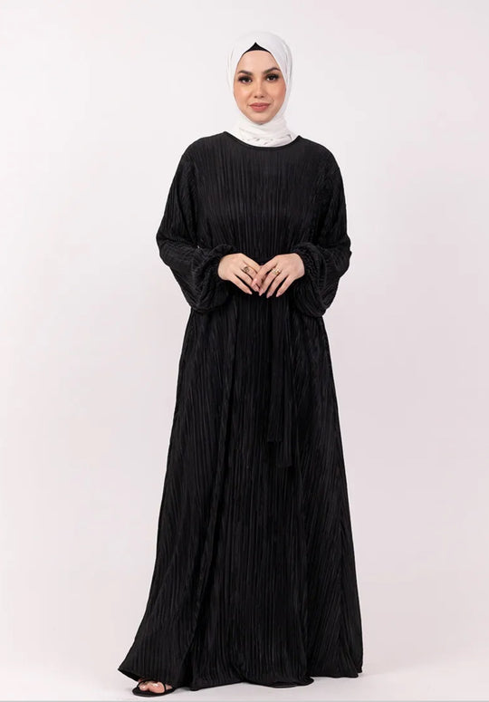 Plisse Abaya/ Dress with Belt in Black