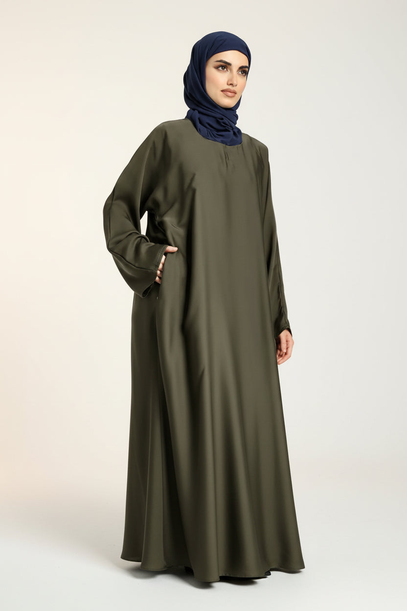 Plain Nida Olive Abaya with Zip Pockets- ZA151