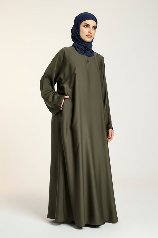 Plain Nida Olive Abaya with Zip Pockets- ZA151