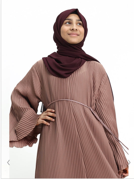 Pleated Girls Abaya with Rope - Rose Gold