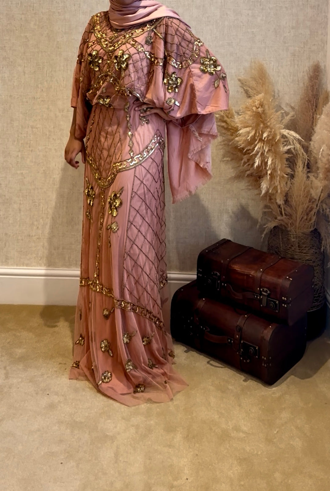 Frock and Frill Embellished Dress With Batwing Sleeves in Dusky Pink