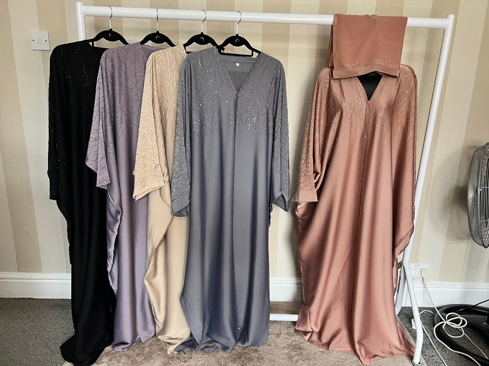 Luxurious Rhinestone Batwing Abaya Set in Black