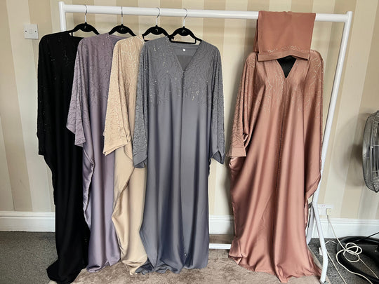 Luxurious Rhinestone Batwing Abaya Set in Black
