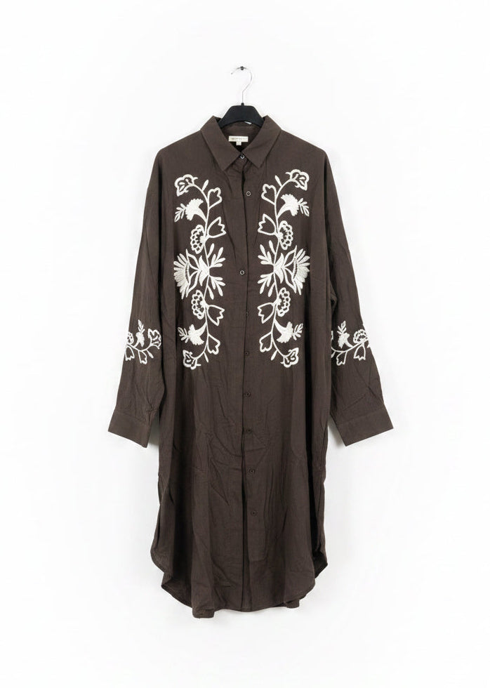 Midi Embroidered Linen Feel Shirt Dress