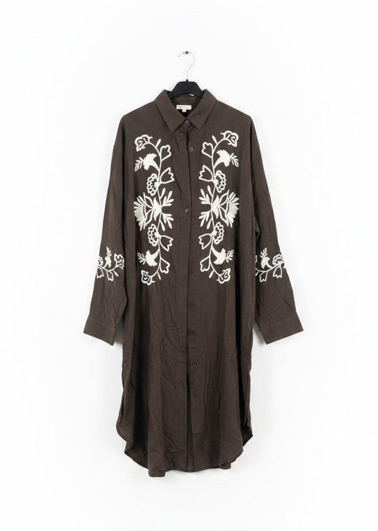 Midi Embroidered Linen Feel Shirt Dress