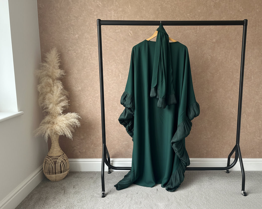 Ruffle Abaya with Inner ties Bottle Green