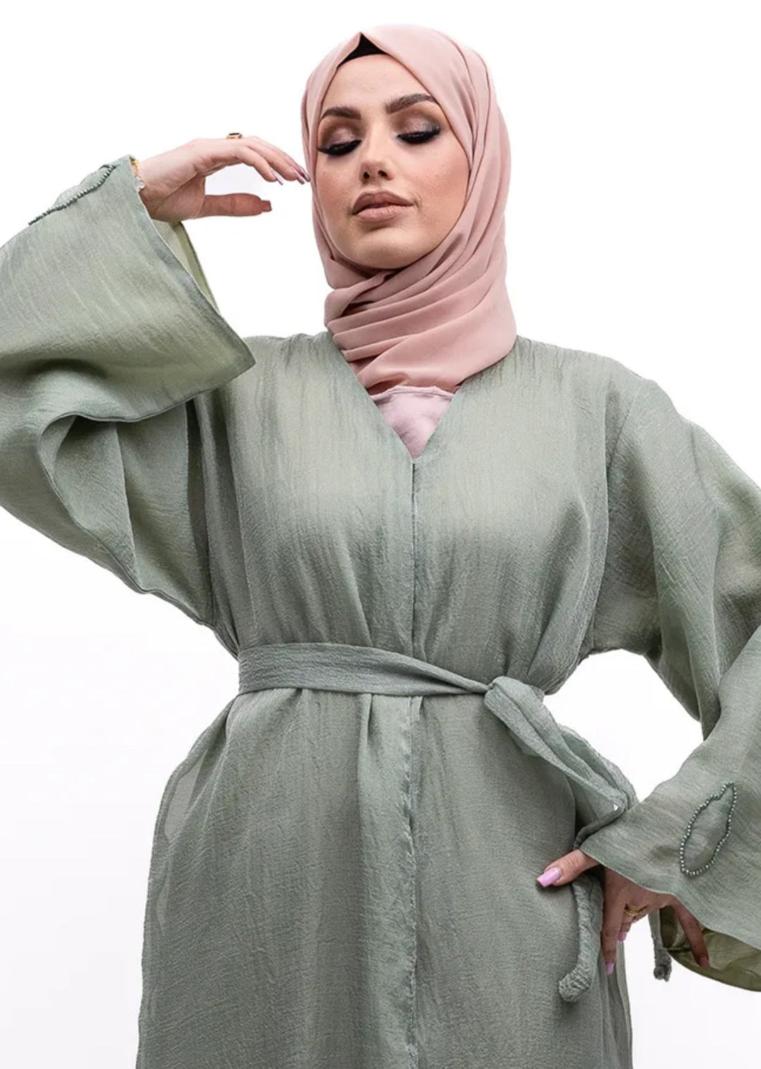 Premium Beaded Organza Dress style Abaya in Sage Green The Hijab World Premium Beaded Organza Dress style Abaya in Sage Green The Hijab World