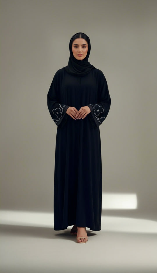 Beaded Flower Nida Abaya with front buttons in Black