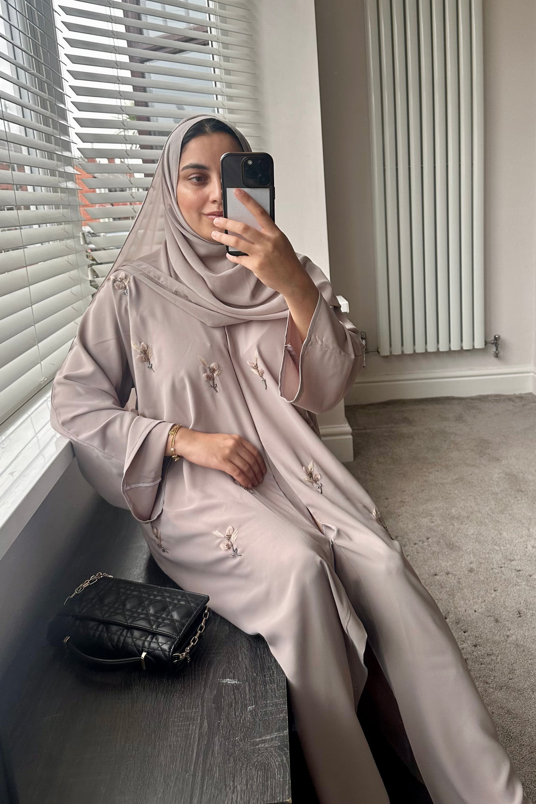 Pop up flower Embellished Abaya Set in Taupe