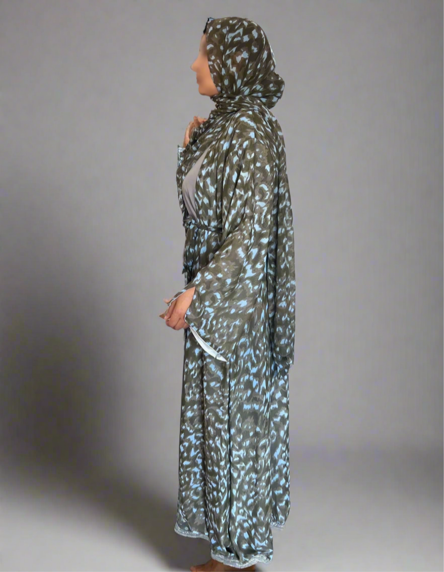 Print Double Chiffon Abaya in Khaki