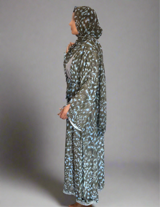 Print Double Chiffon Abaya in Khaki