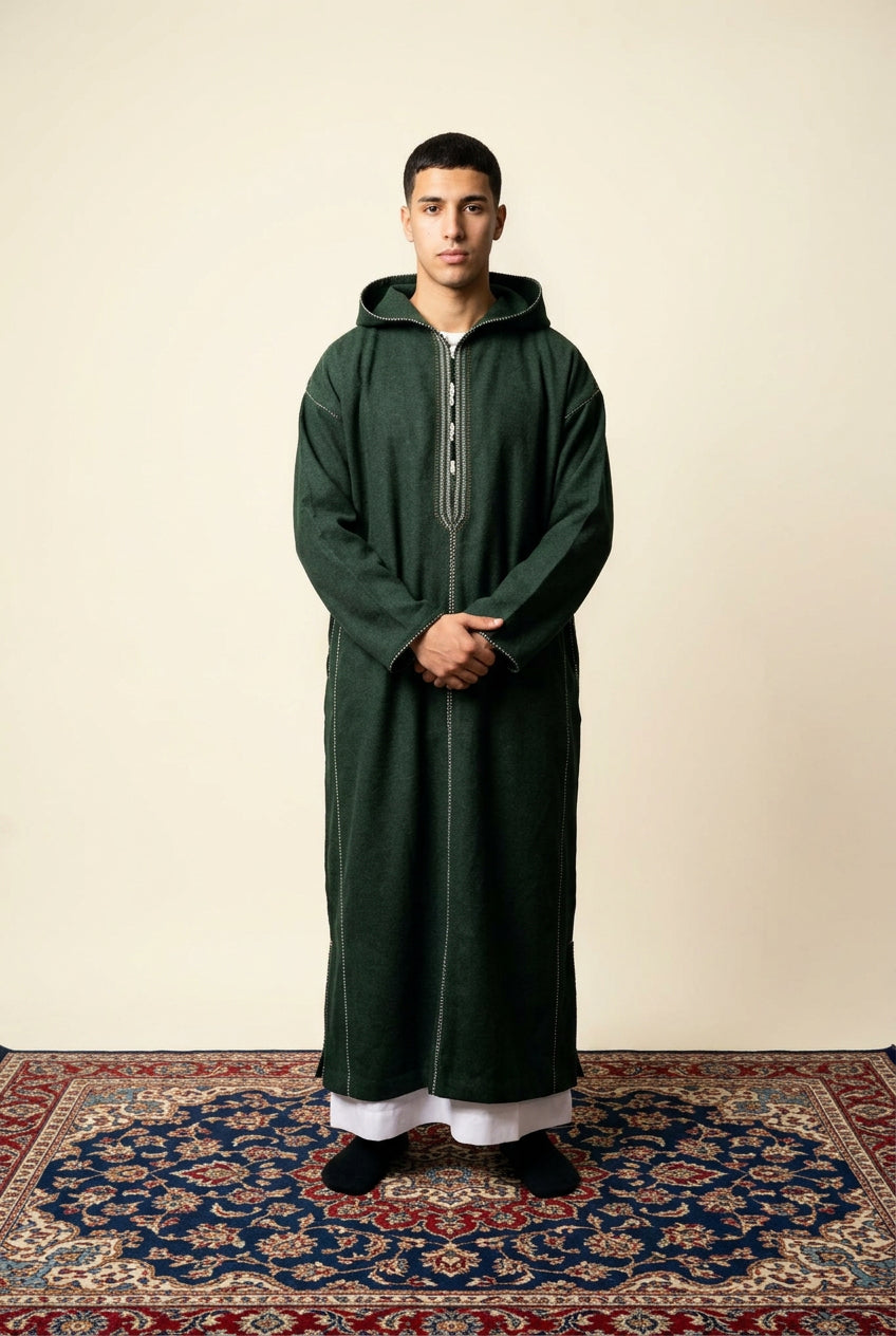 Winter Wool Hooded Moroccan Thobes - Deep Olive