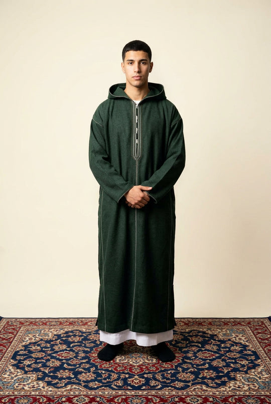 Winter Wool Hooded Moroccan Thobes - Deep Olive