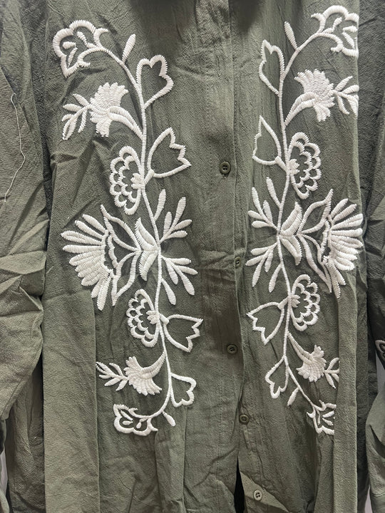 Midi Embroidered Linen Feel Shirt Dress