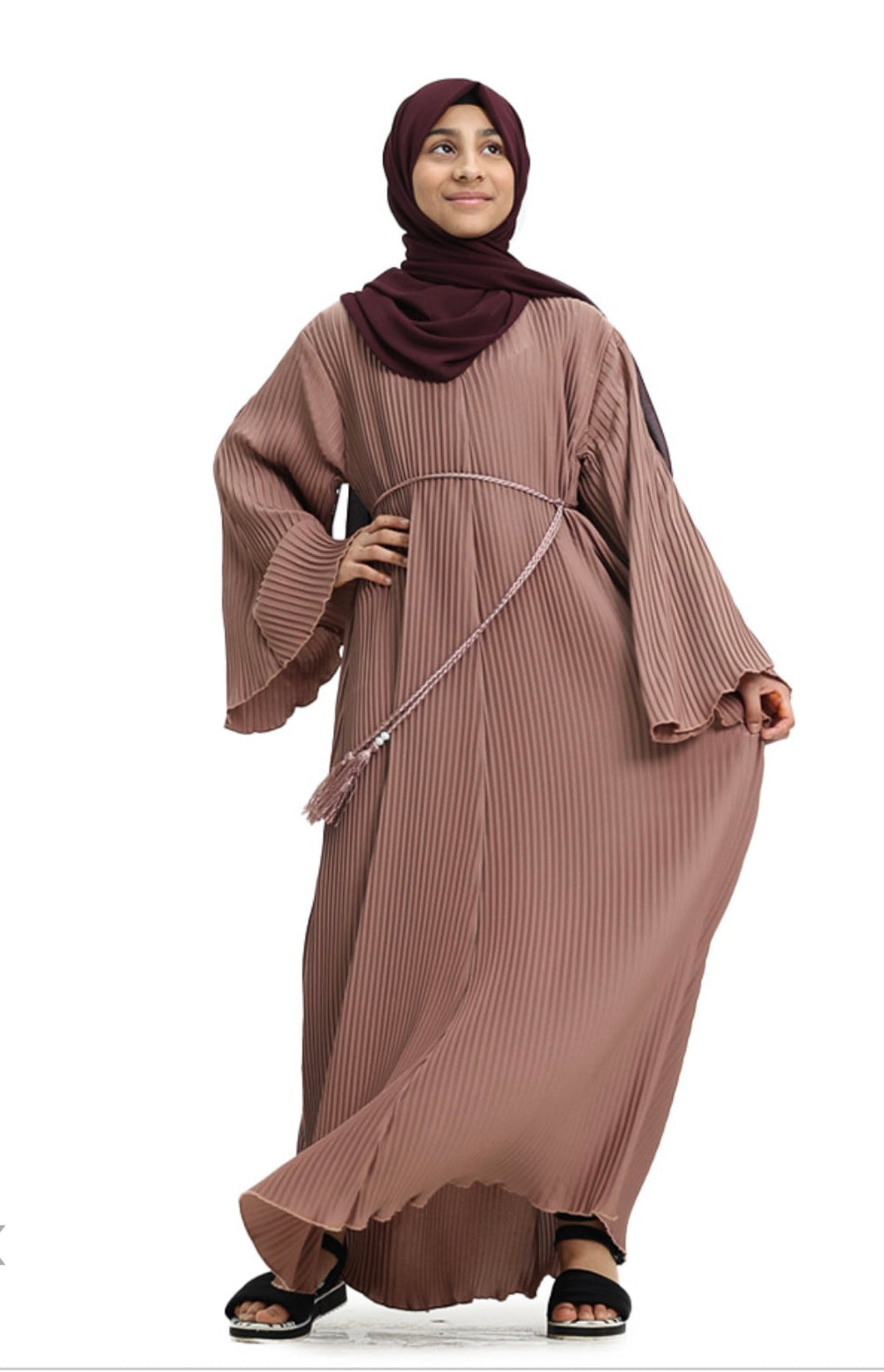 Pleated Girls Abaya with Rope - Rose Gold