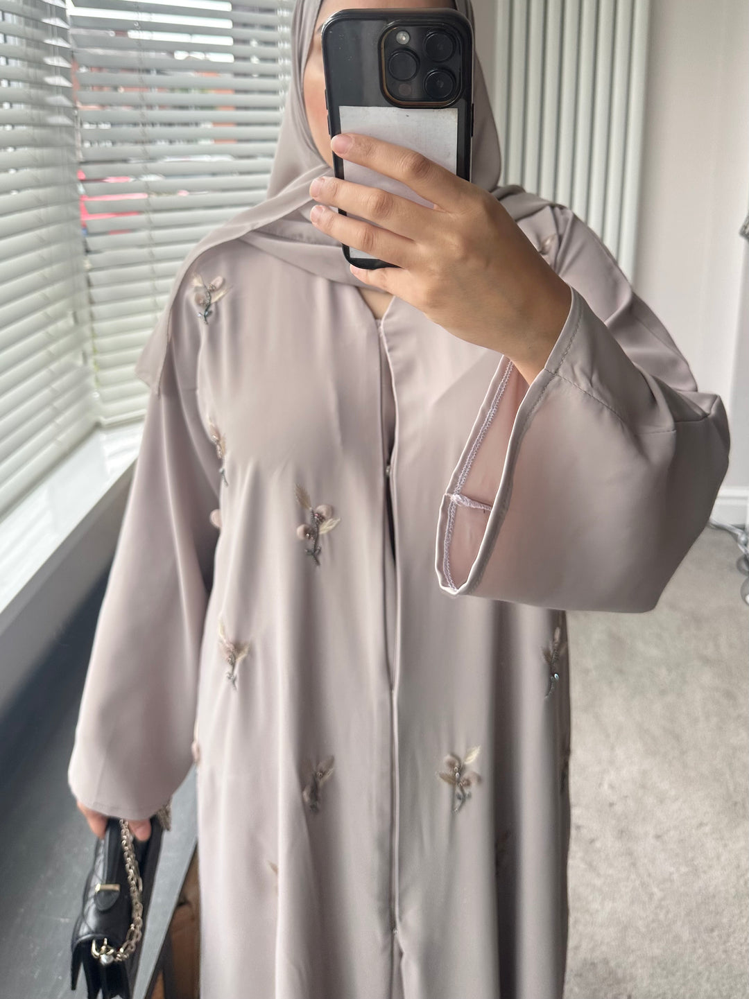 Pop up flower Embellished Abaya Set in Taupe