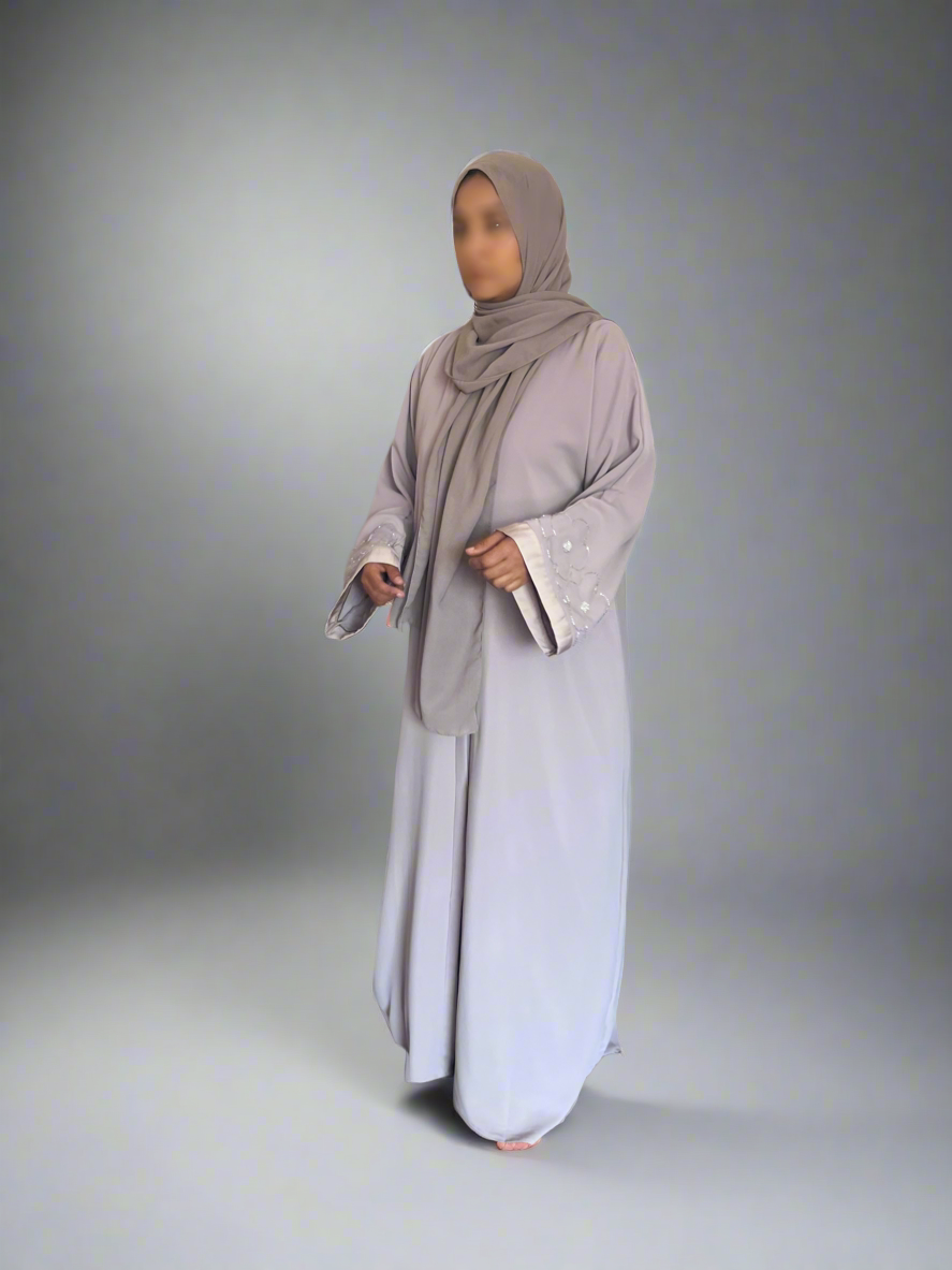 Beaded Flower Nida Abaya with front buttons in Nida
