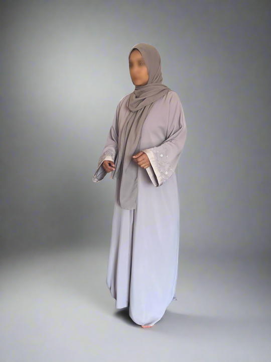 Beaded Flower Nida Abaya with front buttons in Nida