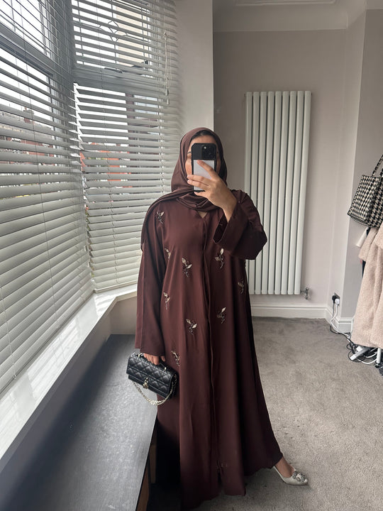 Pop up Flower Embellished Dubai Abaya Set in Brown