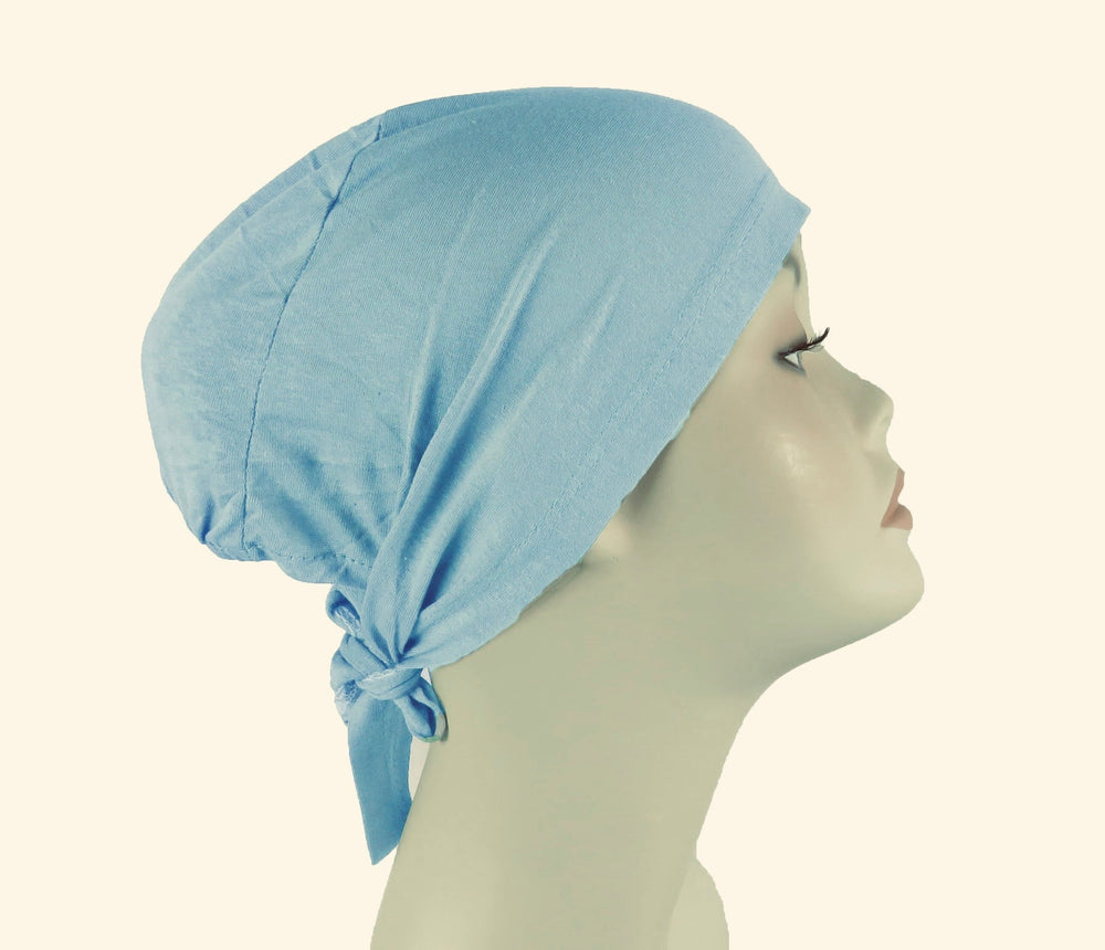 Plain Cotton tie back bonnets/ under scarf Cap - Blue hues