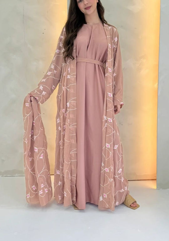 Embroidered Open Abaya with Inner full sleeve slip Set
