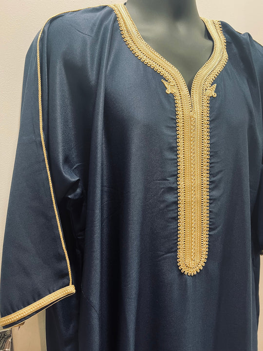 Moroccan Half Sleeve Thobe/ Jubba- Dark Blue with Gold