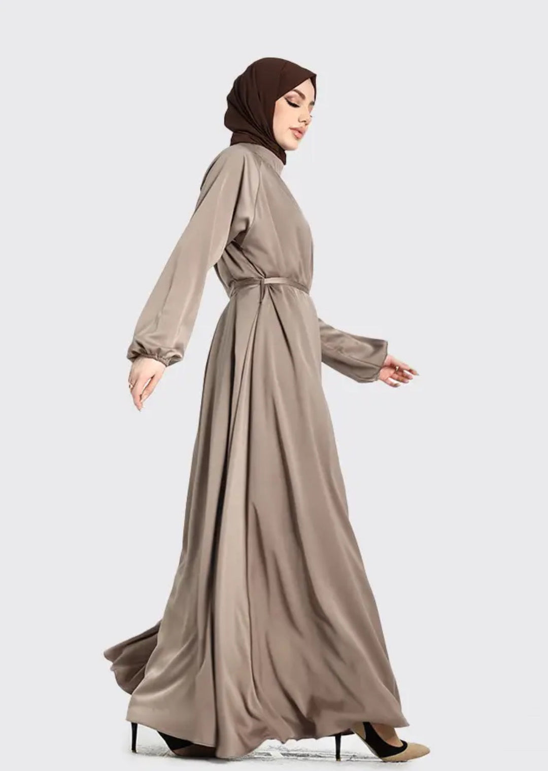 Mock Neck Satin Abaya- Mocha