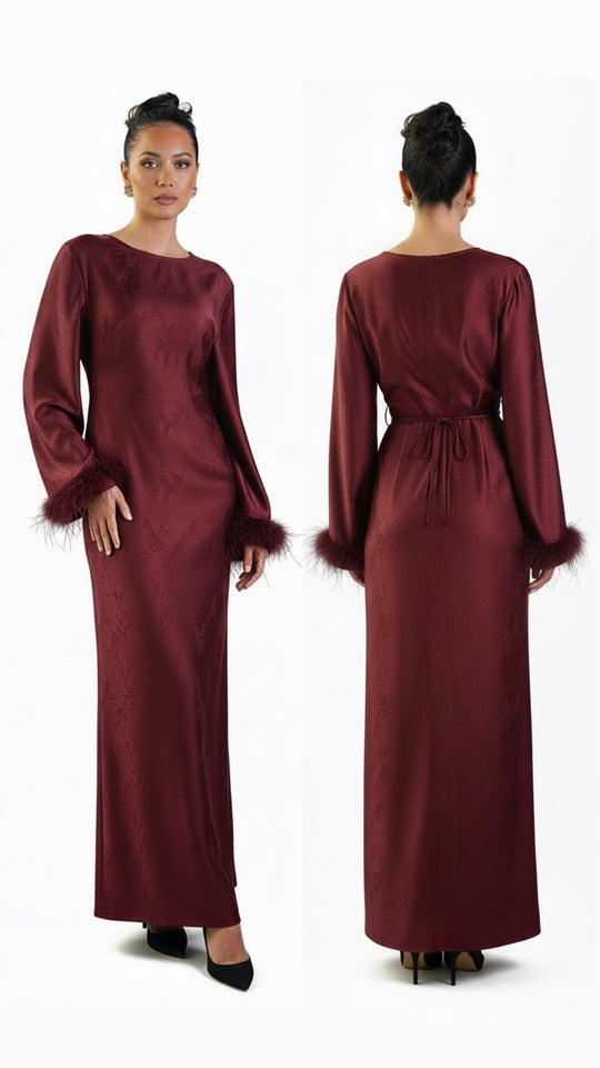 Self print Maxi dresses with fur trim