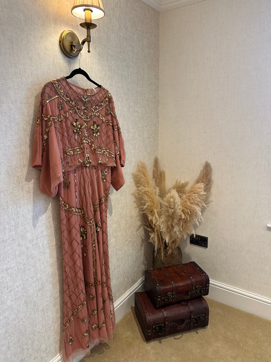 Frock and Frill Embellished Dress With Batwing Sleeves in Dusky Pink