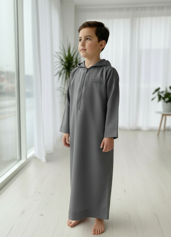 Boy’s Hooded Winter Thobe/Jubba with zip  Grey