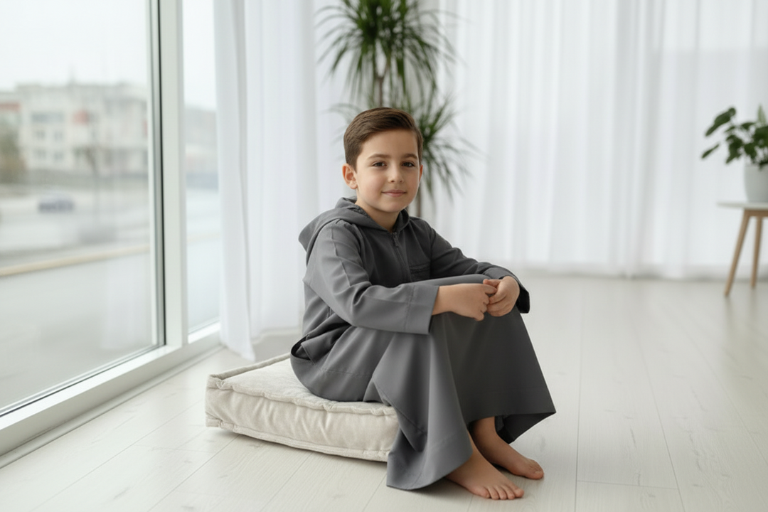 Boy’s Hooded Winter Thobe/Jubba with zip  Grey