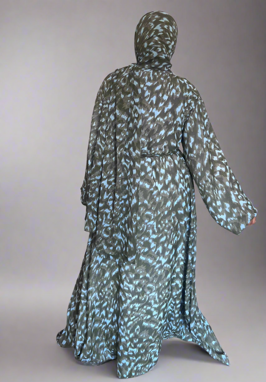 Print Double Chiffon Abaya in Khaki