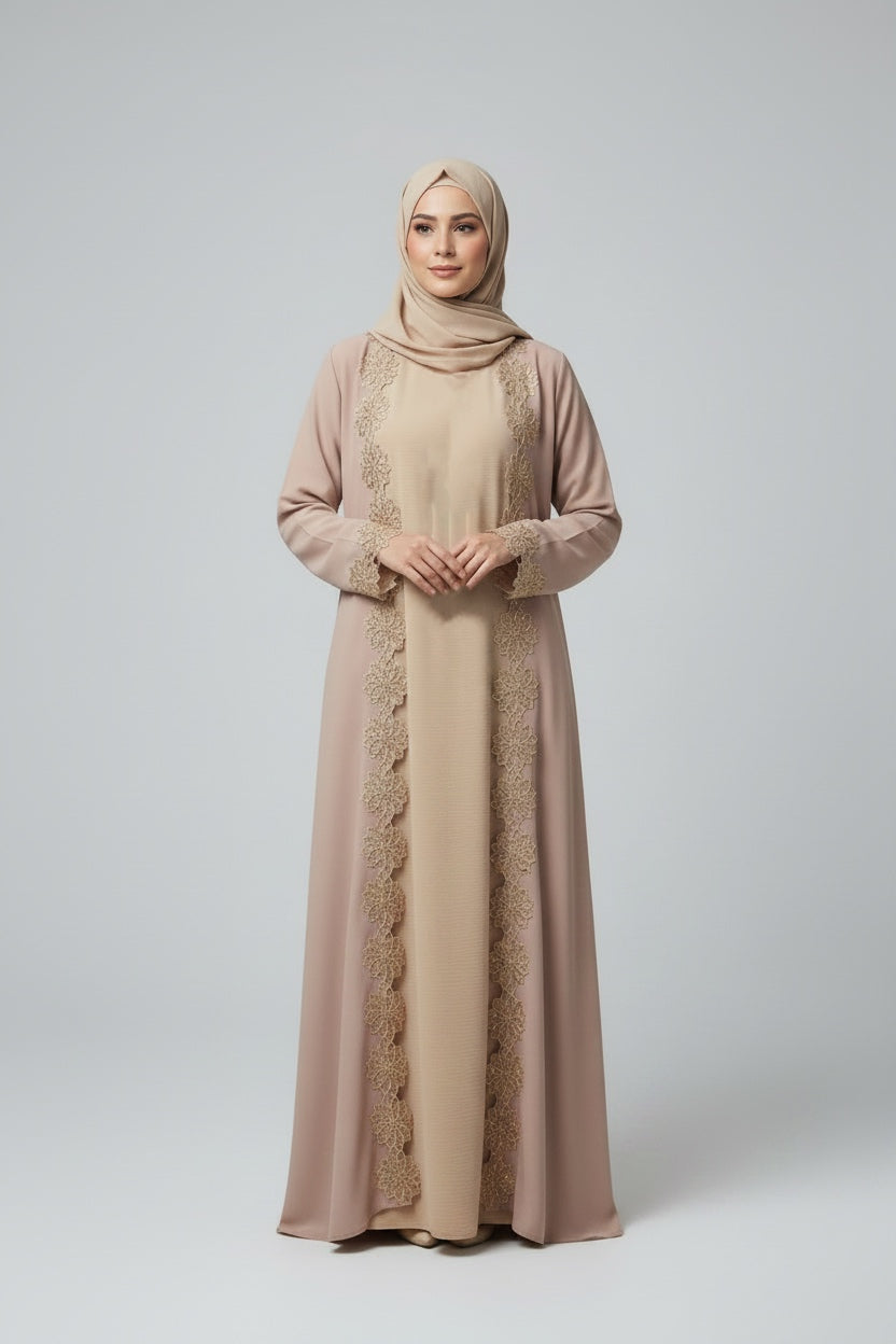 Floral Beaded Lace Edged Abaya Sets