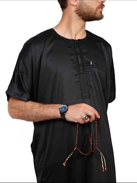 Ikaf Half Sleeve Sheen Thobe/ Jubbah - Black