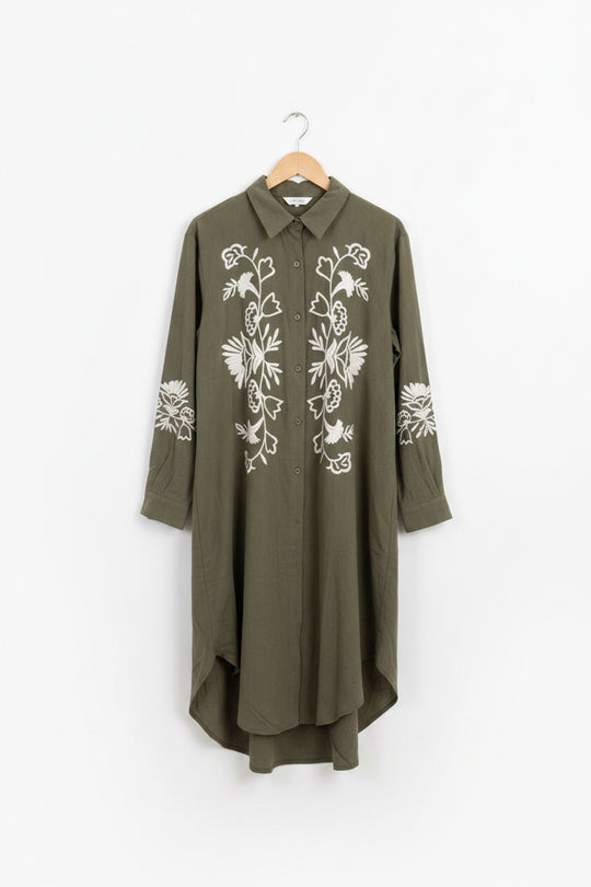 Midi Embroidered Linen Feel Shirt Dress