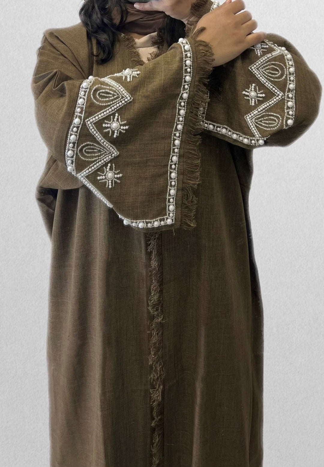 Linen Beaded Abaya with Hijab/ Scarf -  Brown