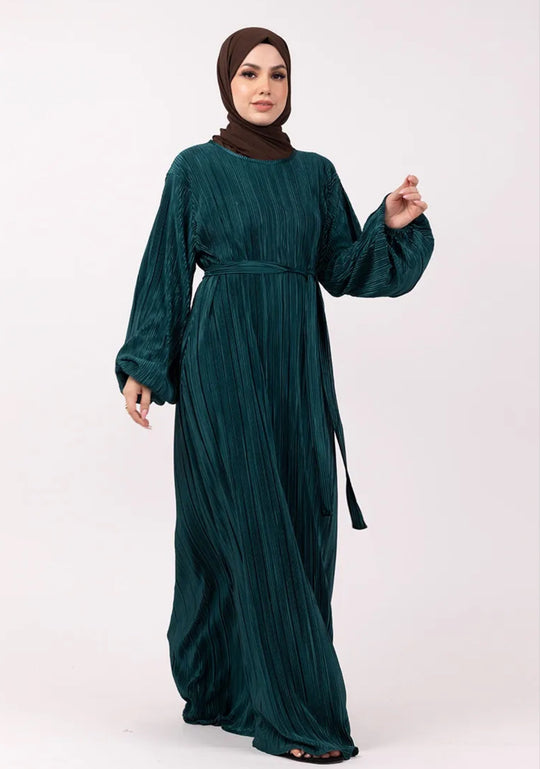 Plisse Abaya/ Dress with Belt in Teal Green