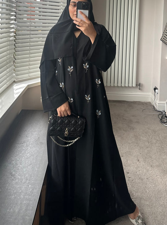 Pop up Flower Embellished Dubai Abaya Set in Black