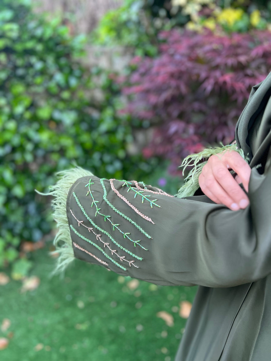 Beaded Satin Feather Abaya in Olive