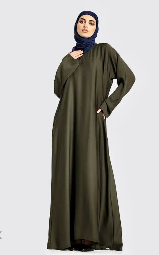 Plain Nida Olive Abaya with Zip Pockets- ZA151
