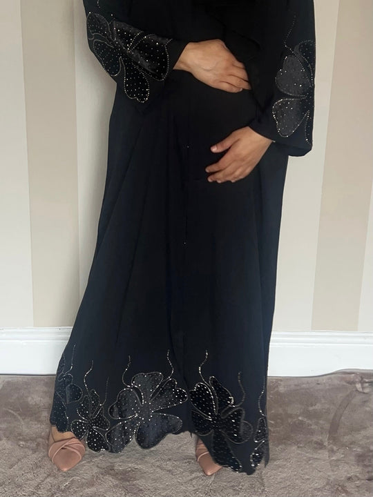 Velvet Flower Motif Abaya with front buttons