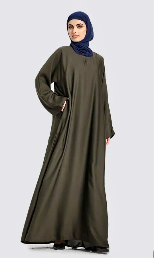 Plain Nida Olive Abaya with Zip Pockets- ZA151