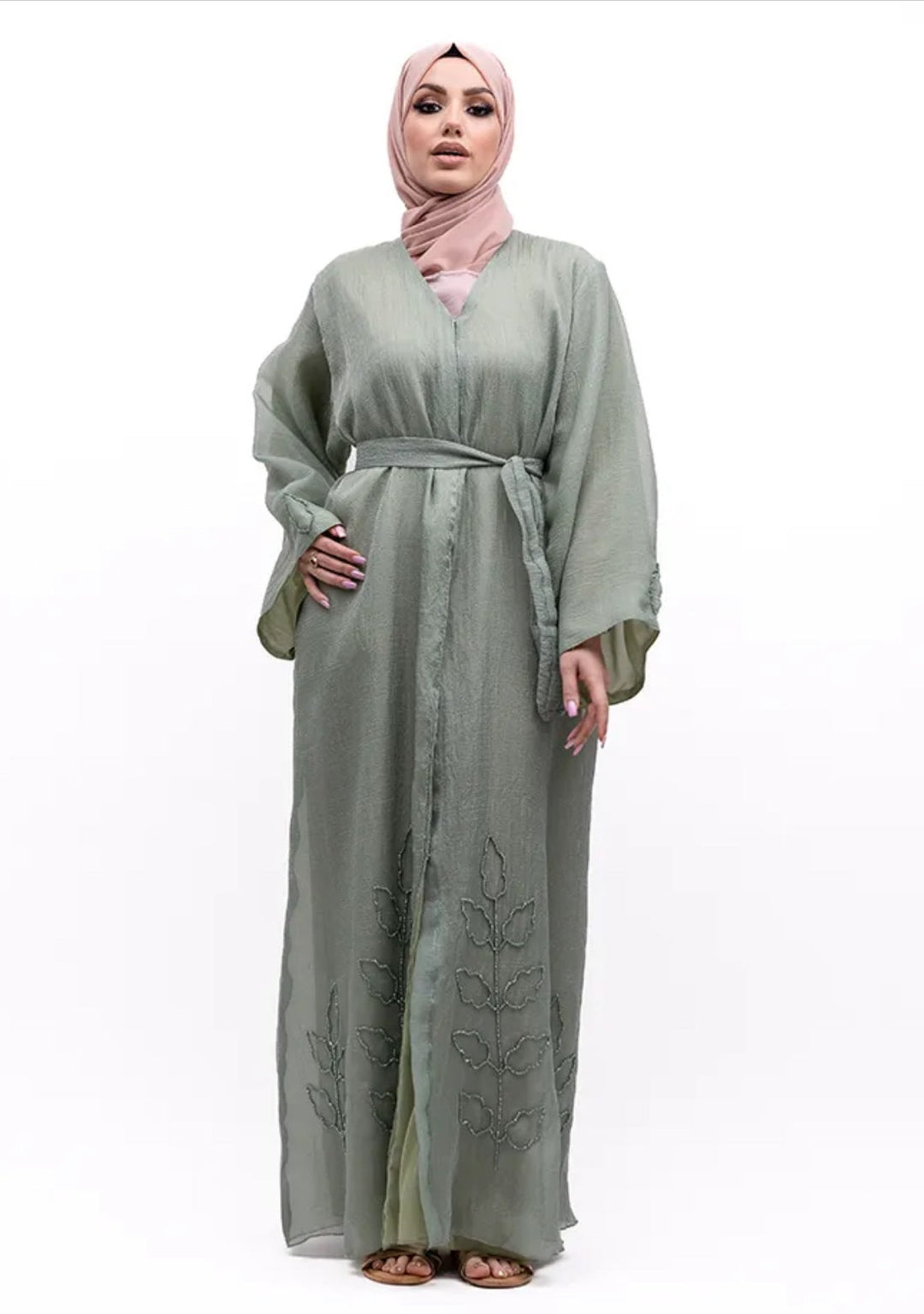 Beaded Organza Kimono Abaya in Sage Green