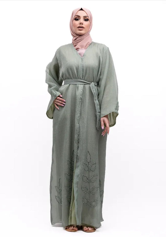 Beaded Organza Kimono Abaya in Sage Green